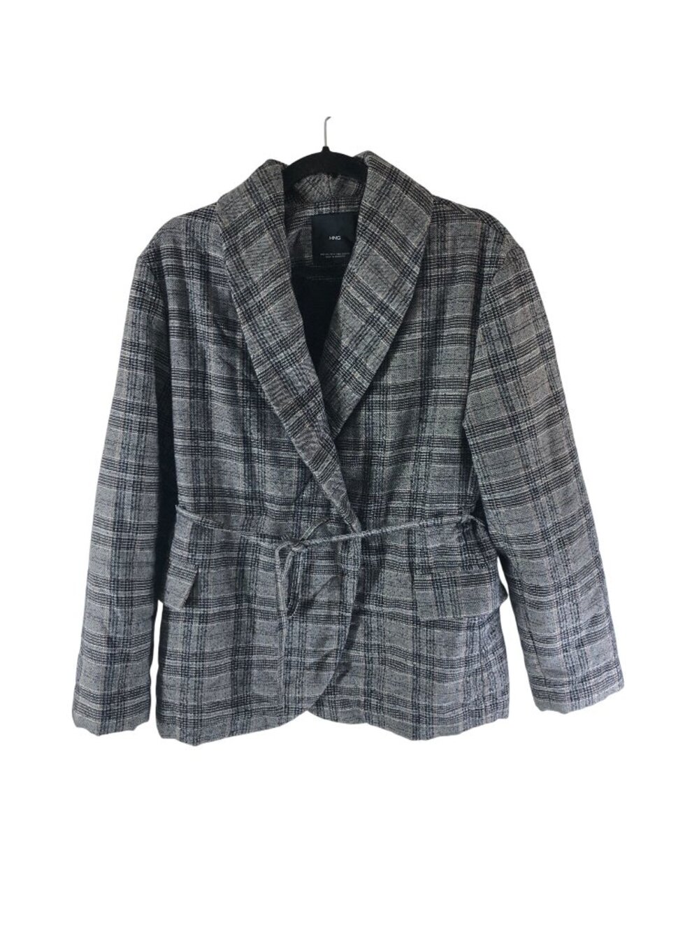 MNG Womens Gray Plaid Structured Quilted Jacket Belted Blazer XS-S
